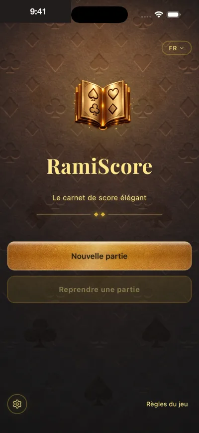 Écran d'accueil de RamiScore, thème doré