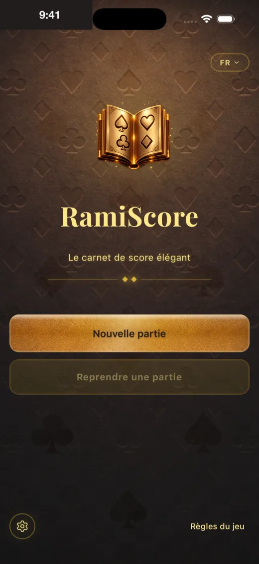 Écran d'accueil de RamiScore, thème doré