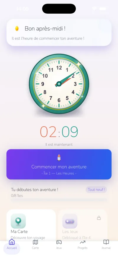 Écran d'accueil de Tick-Tac avec l'horloge interactive
